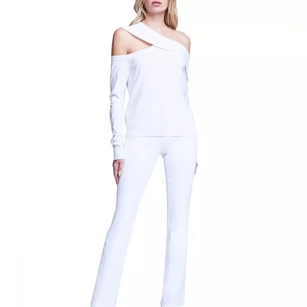 L'AGENCE NWT Minnie Asymmetric Off-The-Shoulder Knit Sweater White Size Large